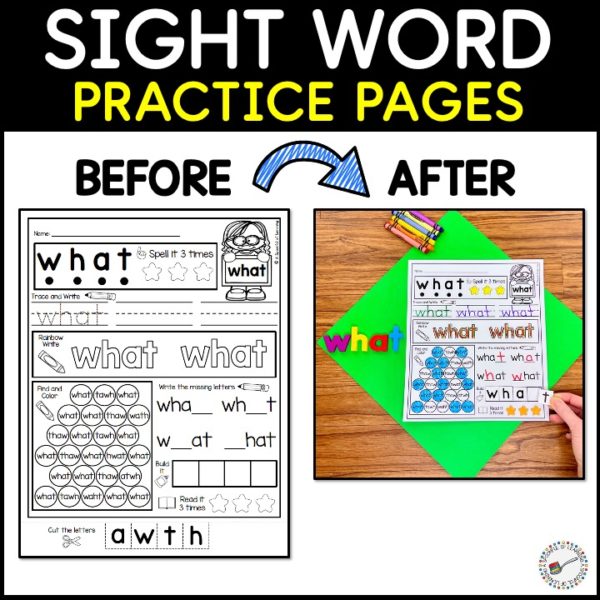 An example of a before and after of the "what" sight word practice worksheet.