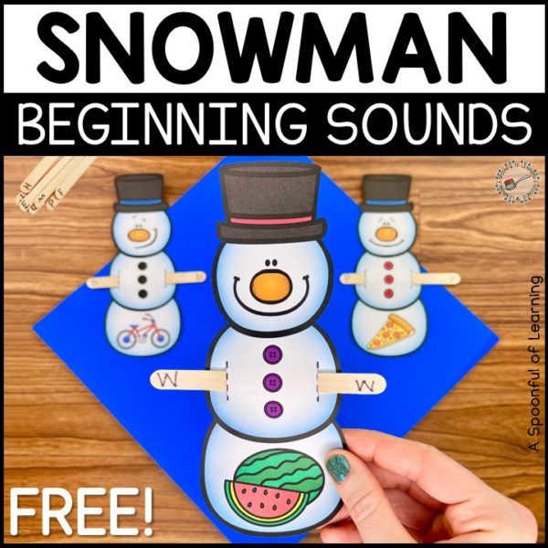 An example of a completed snowman beginning sounds activity. A popsicle stick with the letter that matches the beginning sound of the picture on the snowman is shown.