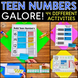 Examples of different teen number activities included in this pack.
