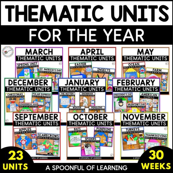 All of the 23 thematic units included on this thematic unit bundle for kindergarten.