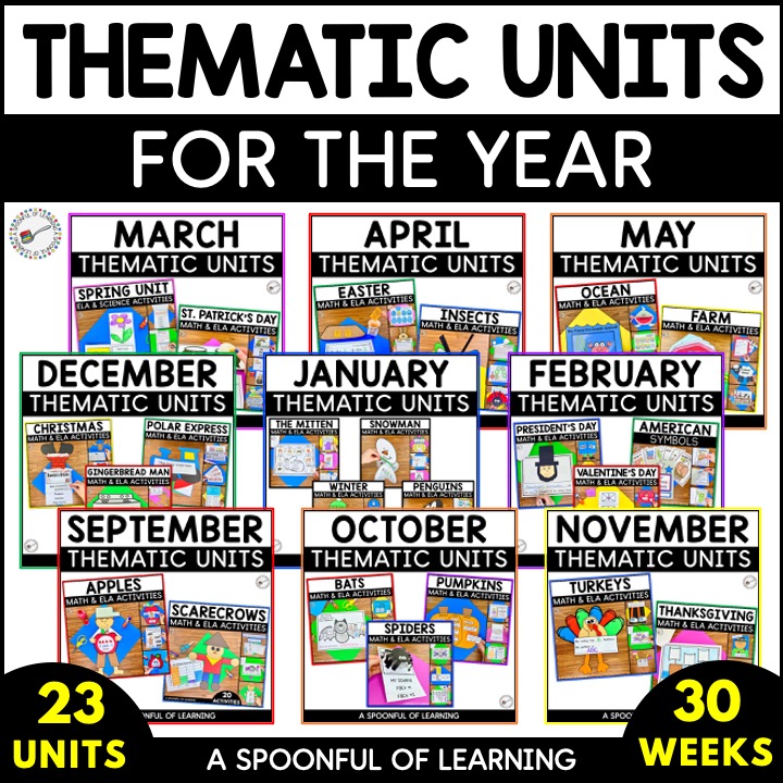 All of the 23 thematic units included on this thematic unit bundle for kindergarten.