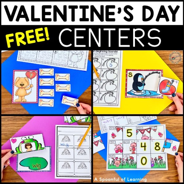 Examples of the 4 Valentine's Day math and literacy centers included in this free resource.