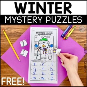A beginning sounds mystery puzzle where students are matching the letters to the picture with the correct beginning sound. When all of the letters are placed on the correct pictures a mystery picture appears. This mystery picture is a snowman. Students also get to record the letter that they matched to the pictures to show their work and understanding of beginning sounds.