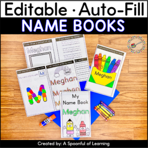 Example of an editable name writing book. The cover, inside pages, and craft on the back are the activities that are included in this editable name book.