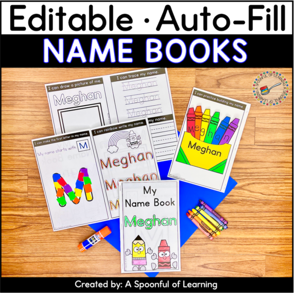 Example of an editable name writing book. The cover, inside pages, and craft on the back are the activities that are included in this editable name book.