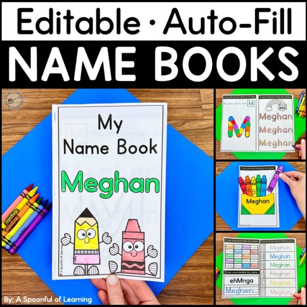 Rainbow writing, name craft, and name practice activities included in this editable name writing practice book.