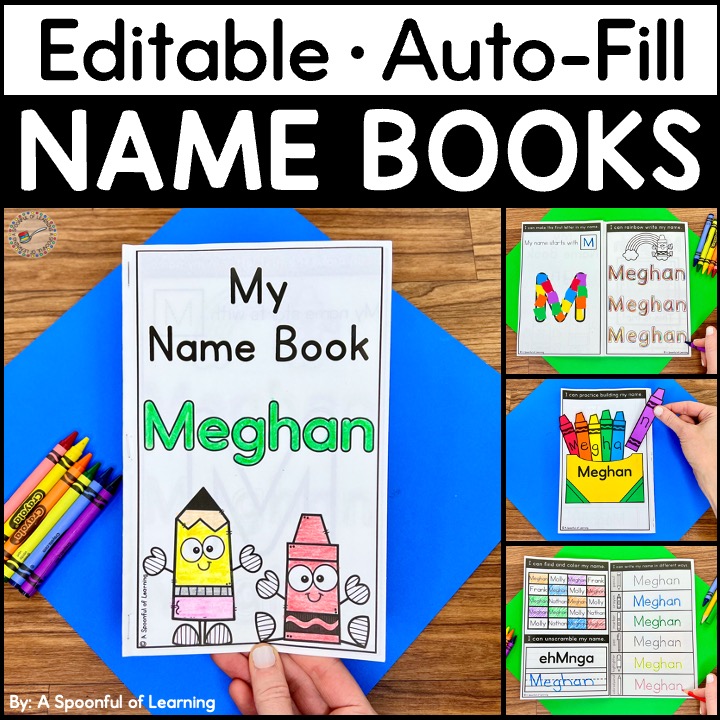 Rainbow writing, name craft, and name practice activities included in this editable name writing practice book.