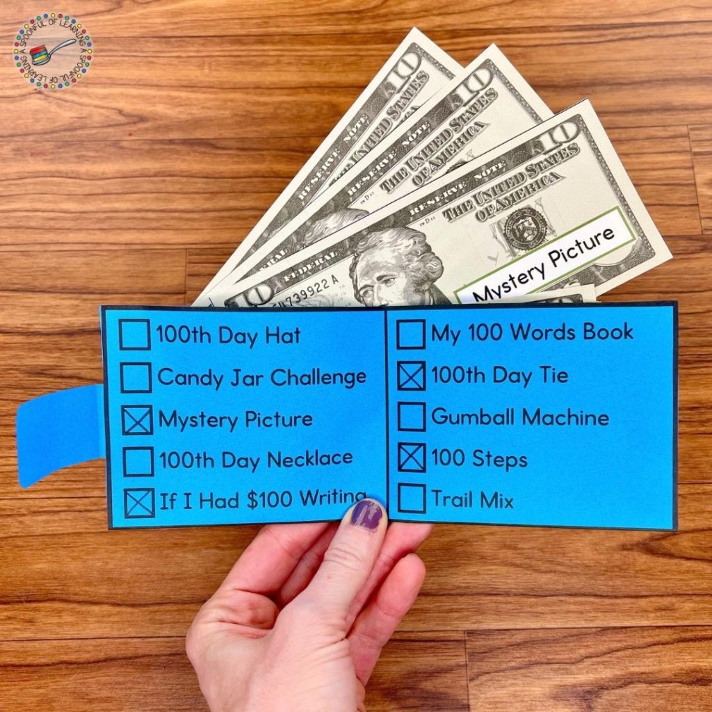 100th Day of School wallet where students earn money each time they complete one of the 100 days of school activities.