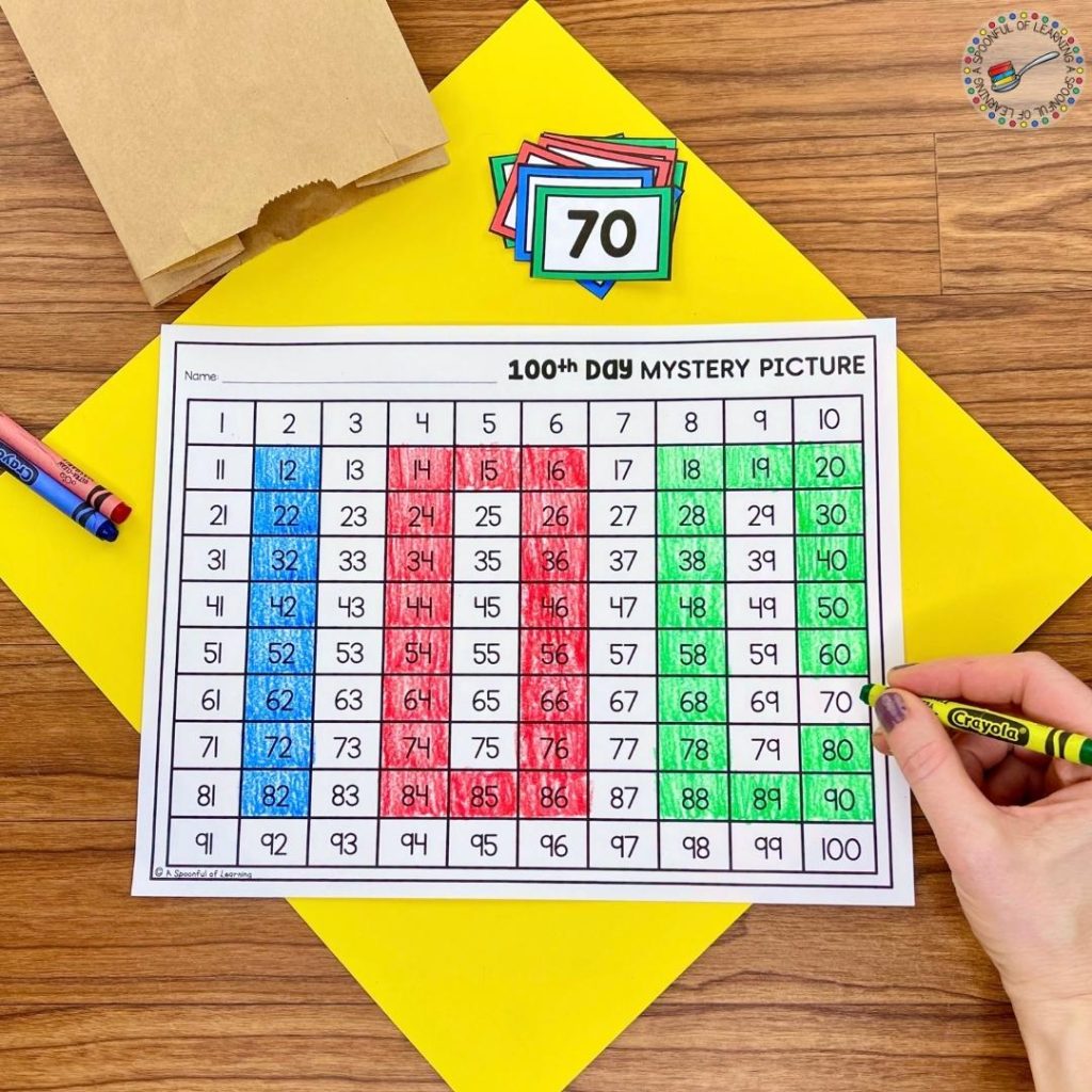 An example of a 100 days of school center activity where students pull a number out of the bag, color the number the color from the card, and reveal a mystery picture.