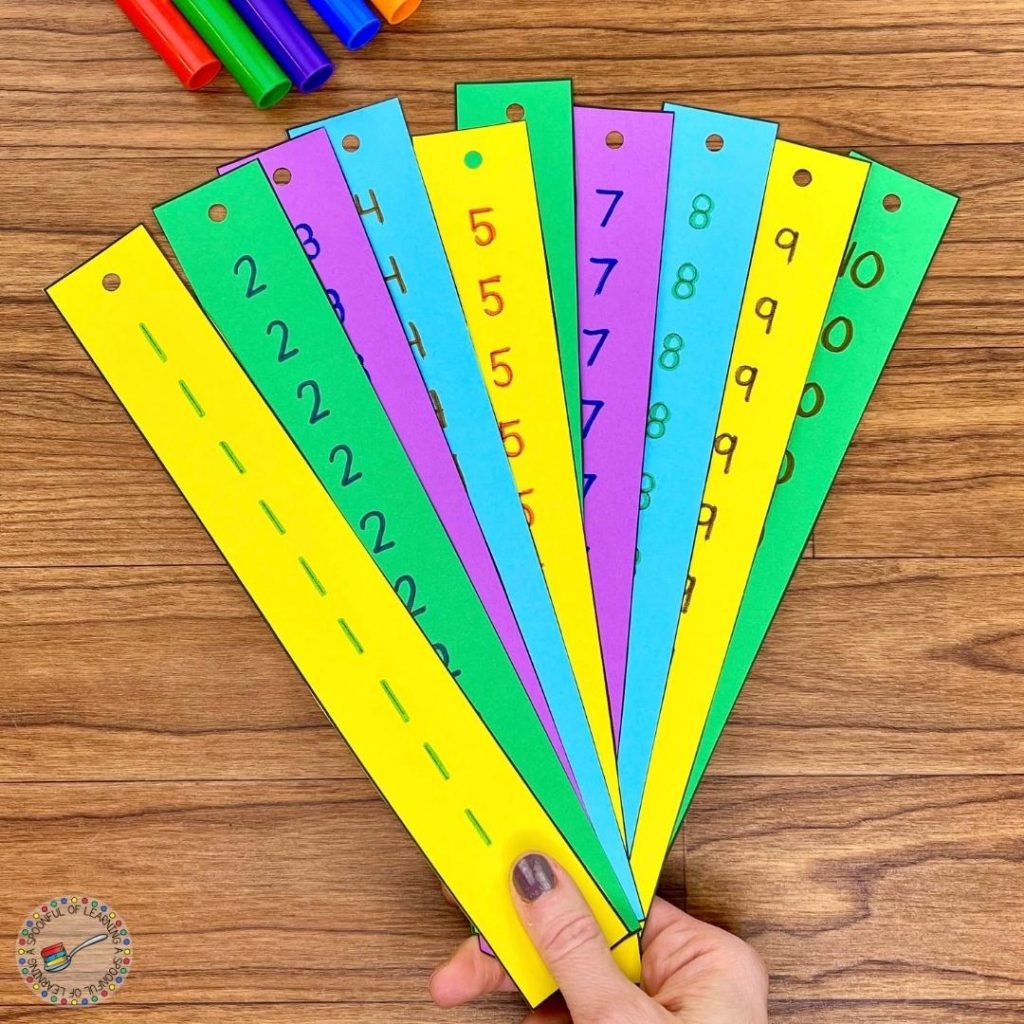 Numbers 1-10 written ten times each to add to the 100 days of school hat.