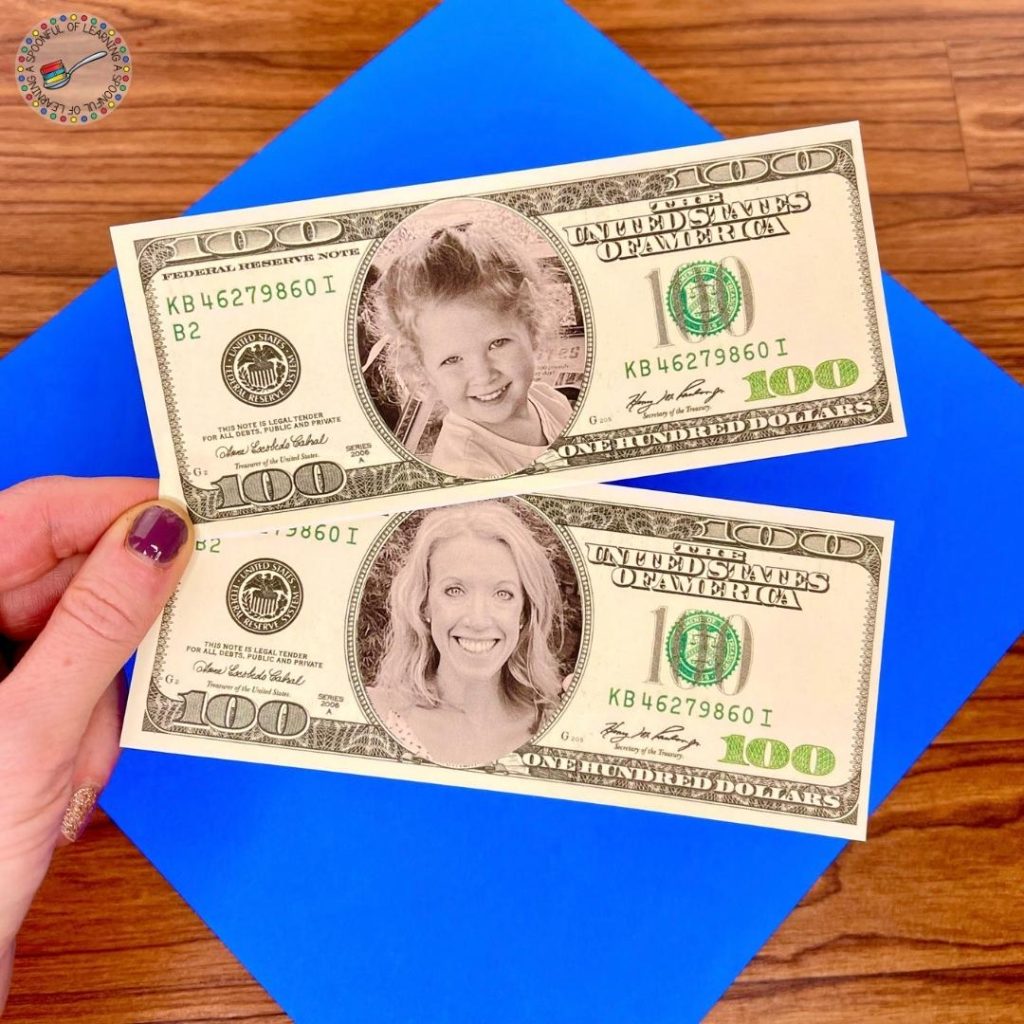Personalized $100 bills where students pictures are placed in the center of the bill for one of the fun 100 days of school ideas.