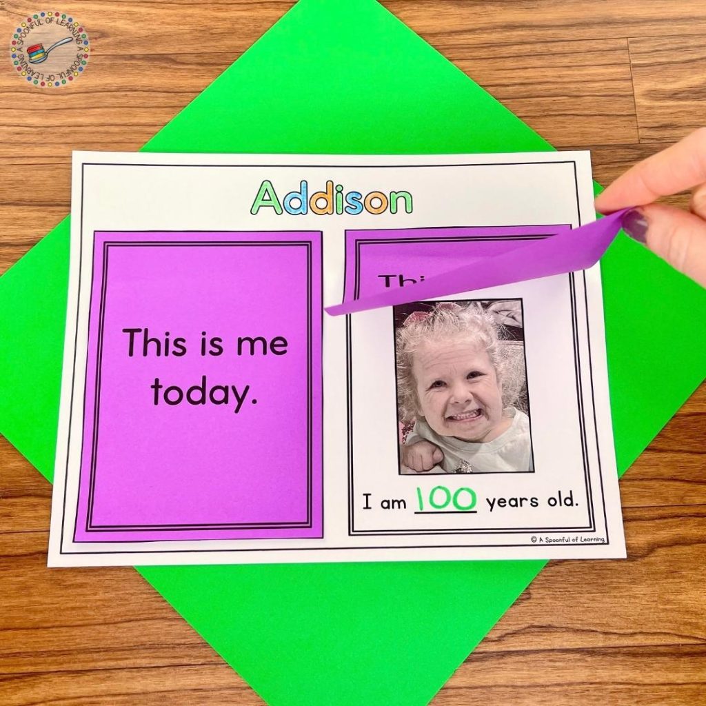 A 100 days of school printable where a students picture is turned into a 100 year old lady.