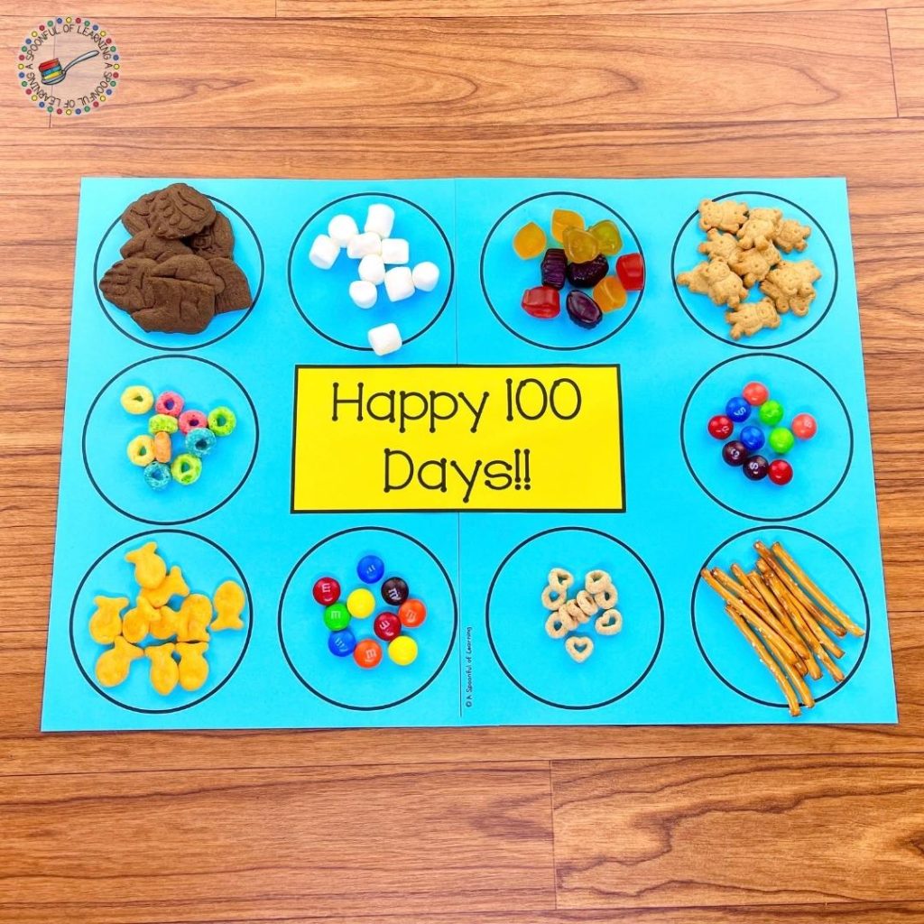 Students sort out ten groups of 10 different foods in each circle to celebrate the 100th day of school. There are 100 pieces of food on the placemat for a 100 days of school treat.