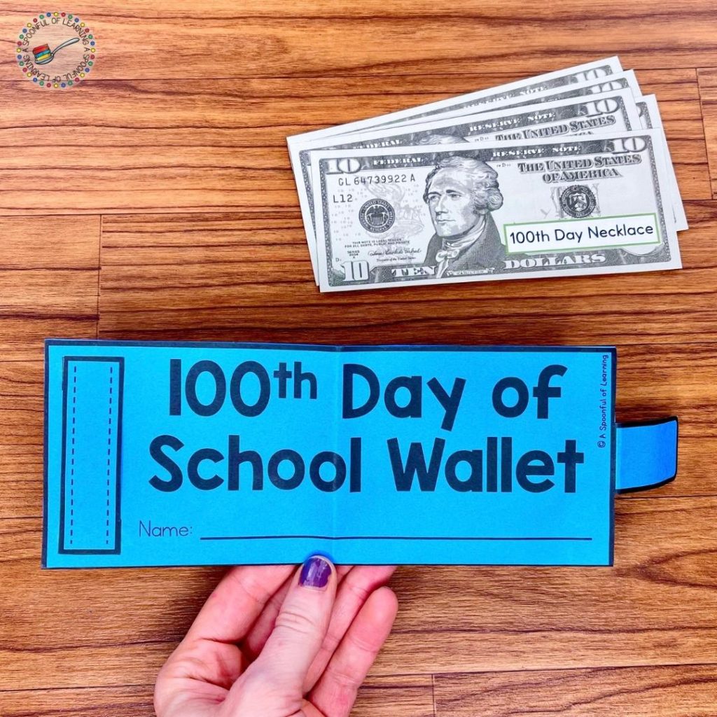100th day of school wallet with pretend ten dollar bills