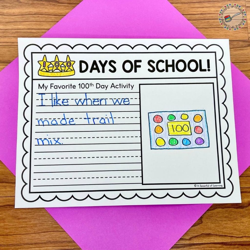 This 100th day of school worksheet has students writing about their favorite activity from their 100 days of school celebration.