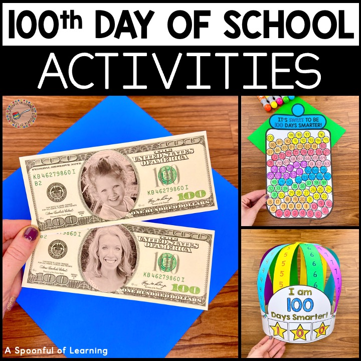 Examples of some of the activities, crafts, and printables that are included in this 100 days of school pack.