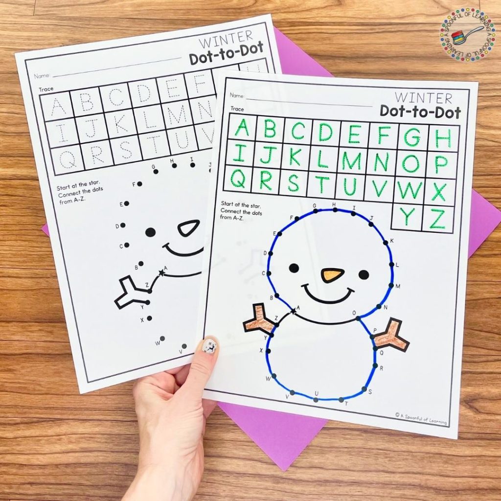 A winter activity for kindergarten where students practice tracing letters A-Z. Then they connect the dots in order from A-Z to reveal a mystery winter picture.