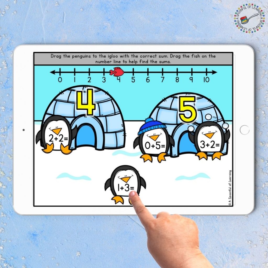 Student is solving the subtraction equations and sorting the penguins to the igloo with the correct sum. This is a winter digital centers activity for kindergarten.