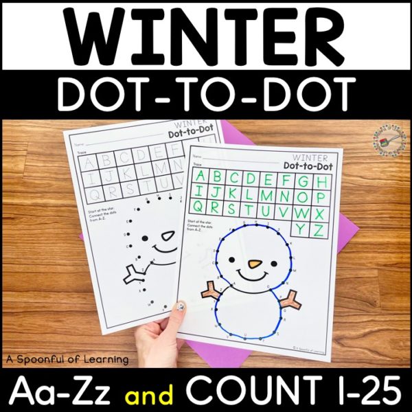 An example of the connect the dots uppercase letters A-Z worksheet. The letters A-Z have been traced. Then, the connect the dots were in alphabetical order revealing a mystery image of a snowman.