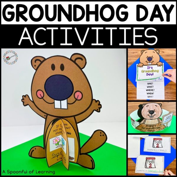 Example of different Groundhog Day activities and crafts included in this Groundhog Day activities pack.