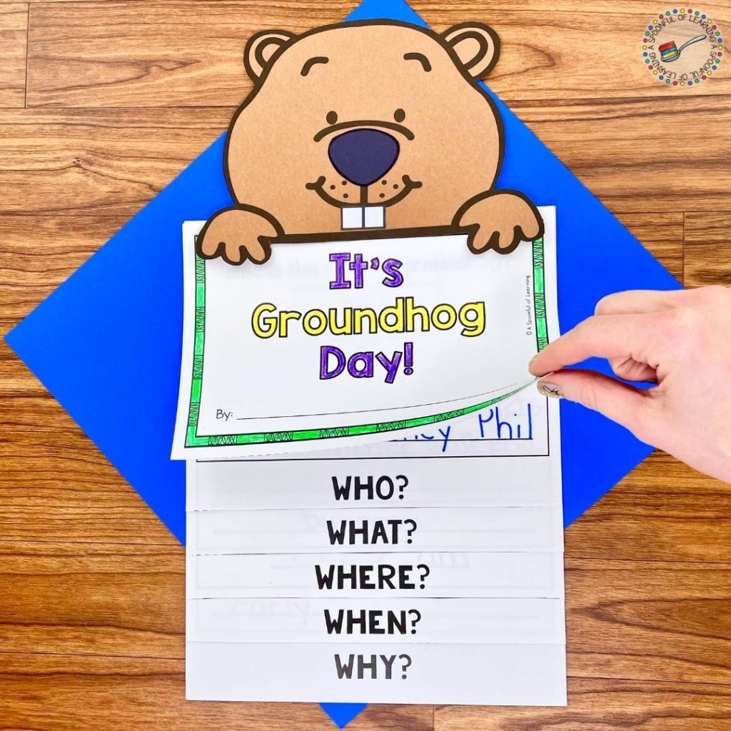 An interactive flipbook all about Groundhog Day. There is a groundhog craft on top of the flip book. Inside the flipbook is information that students learned about the who, what, where, when, and why of Groundhog Day.