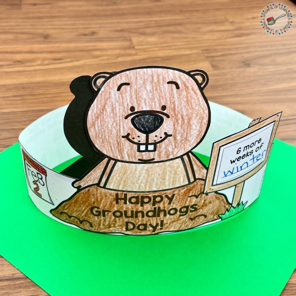 A Groundhog Day hat that shows what students prediction is on whether Punxsutawney Phil will or will not see his shadow. It also has the results of Groundhog Day and what happens as a result. Students place whether there will be 6 more weeks of winter or an early spring.