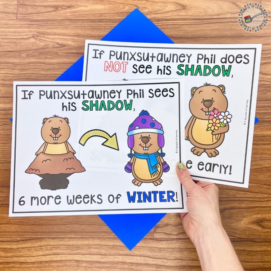 Groundhog Day posters to hang as visuals for students to understand that if the groundhog sees his shadow, they have have 6 more weeks of winter. If the groundhog does not see his shadow, they will have an early spring.