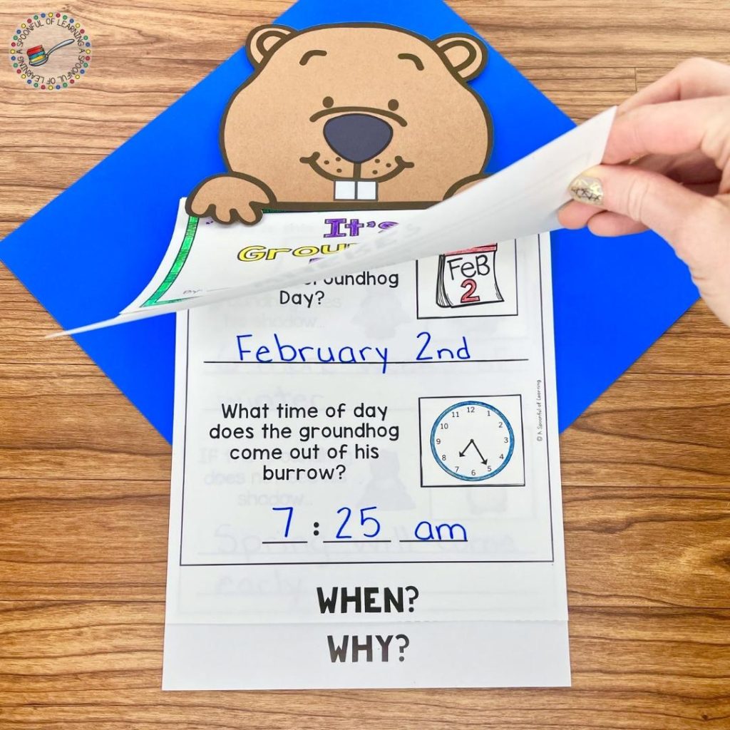 The inside of the interactive flipbook about Groundhog Day. This page talks about when Groundhog Day happens. Students answer the questions and glue the correct images to go with the answers to the questions.