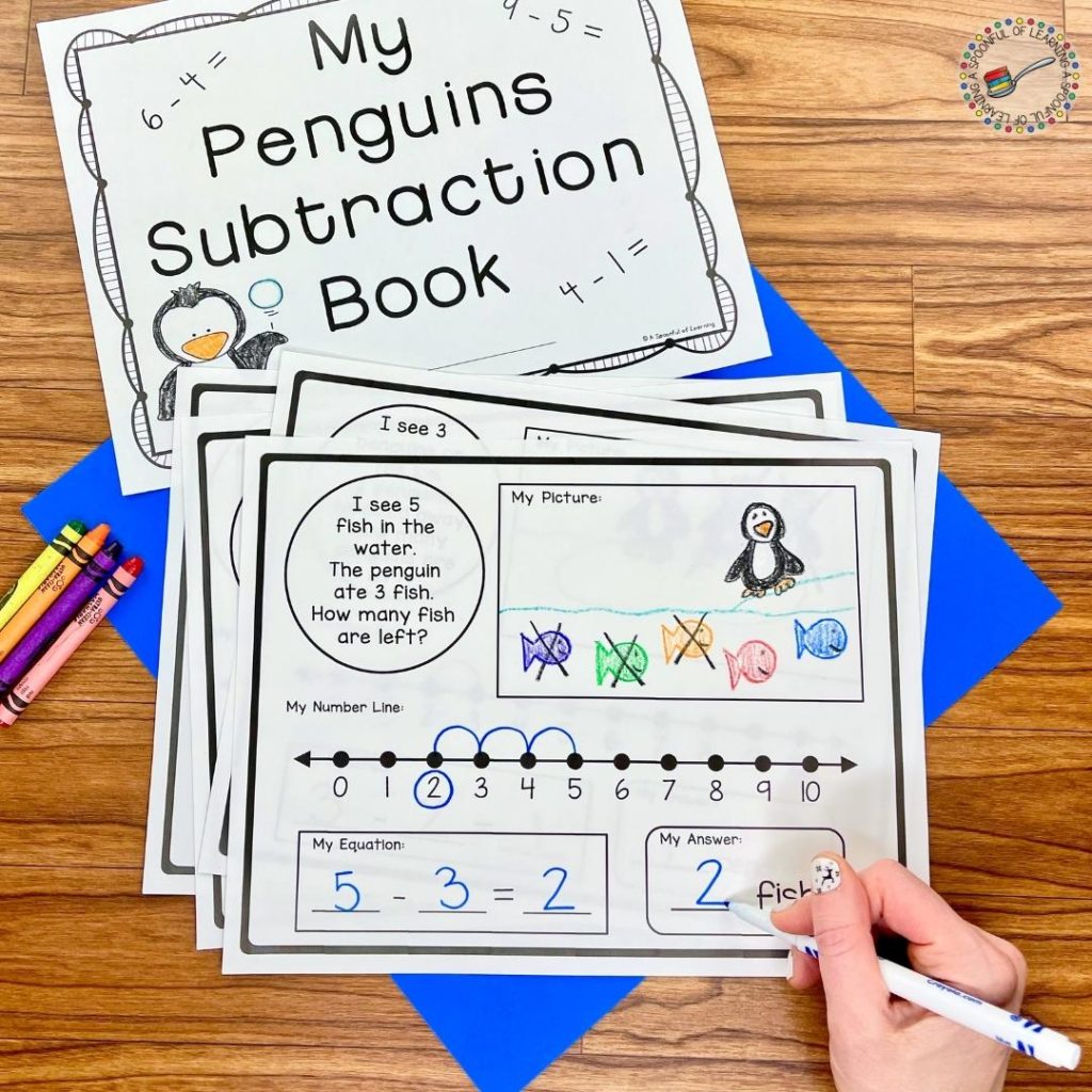 Solve different subtraction stories by showing your work in a variety of ways. Show your understanding of the subtraction story by drawing a picture, using a number line, and writing a subtraction equation.