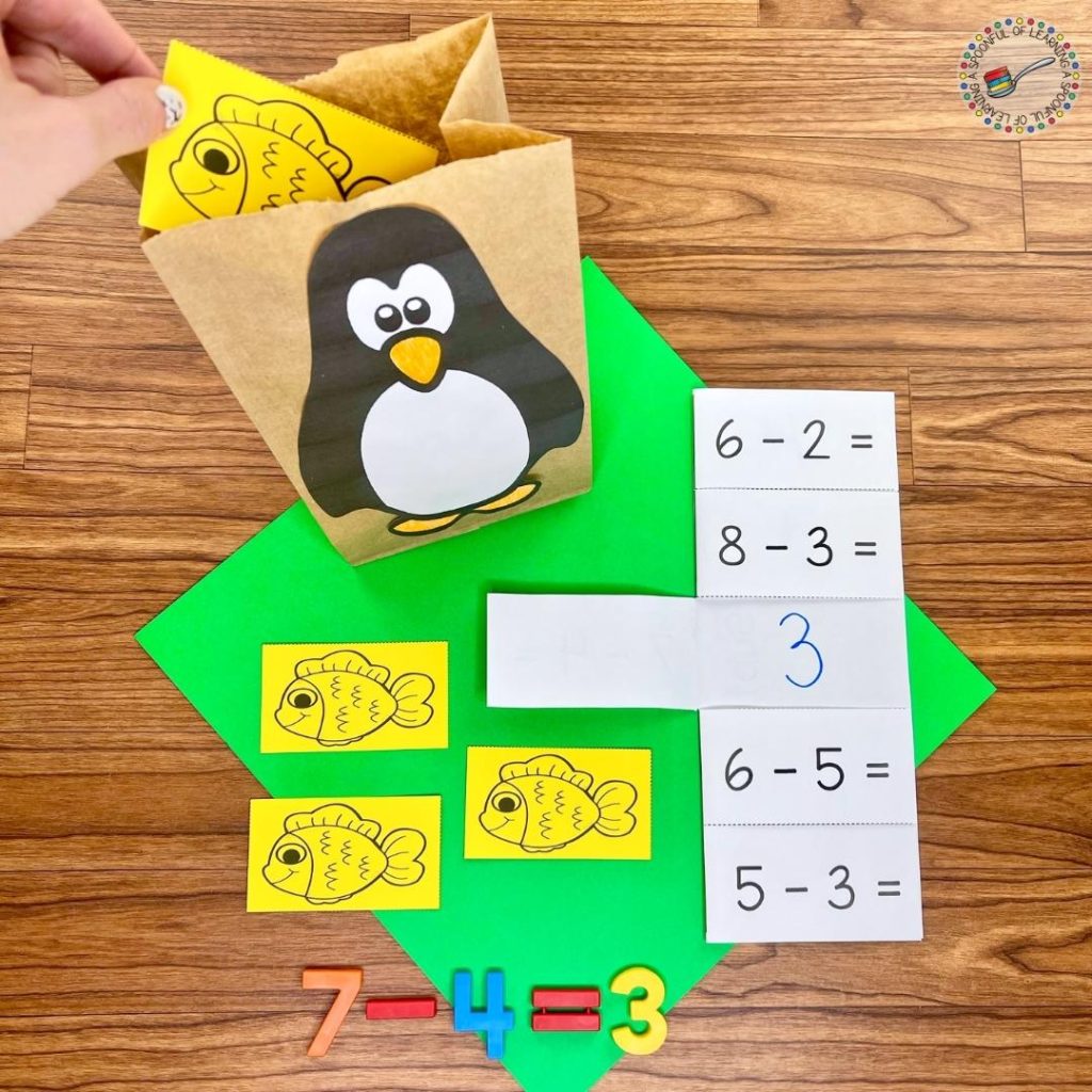Students practice subtraction by looking at the subtraction equation. Laying out the correct number of fish and taking away the correct number of fish by placing them in the penguin bag. Whatever number fish left over is the answer to the subtraction equation. A fun and hands-on winter math activity for kindergarten. 