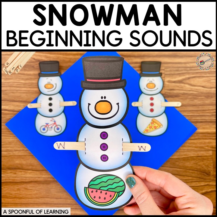 An example of a completed beginning sounds center activity. A popsicle stick that has a letter that matches the beginning sound of the picture on the snowman.