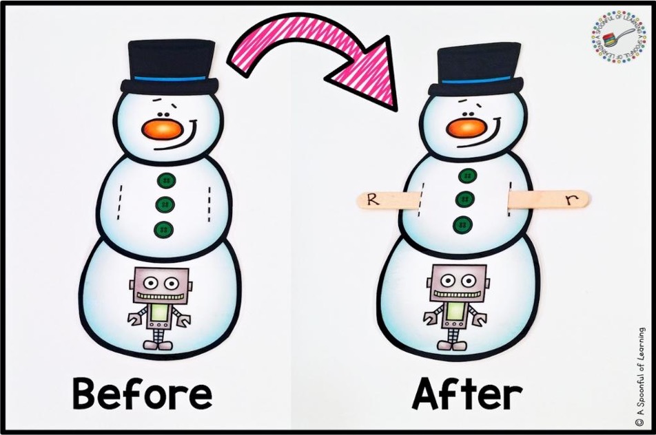 A before and after picture showing what the beginning sound activity looks like before. Then, what the beginning sound activity looks like after the correct popsicle stick is pushed through the snowman to match the letter to the beginning sound of the picture.