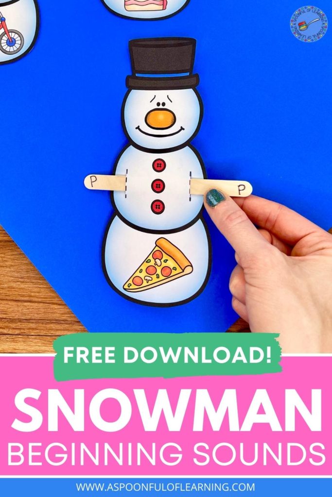 An example of a snowman that has the popsicle stick with the beginning sound letter that matches the beginning sound of the picture on the snowman.