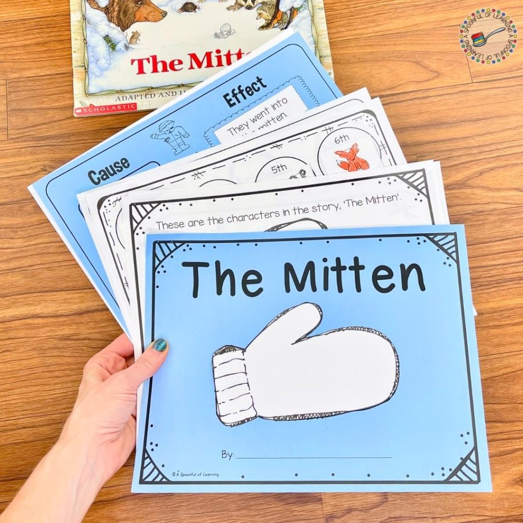 A story elements winter activity that focuses on the characters, setting, sequencing, problem/solution, and opinion writing about the story 'The Mitten'.
