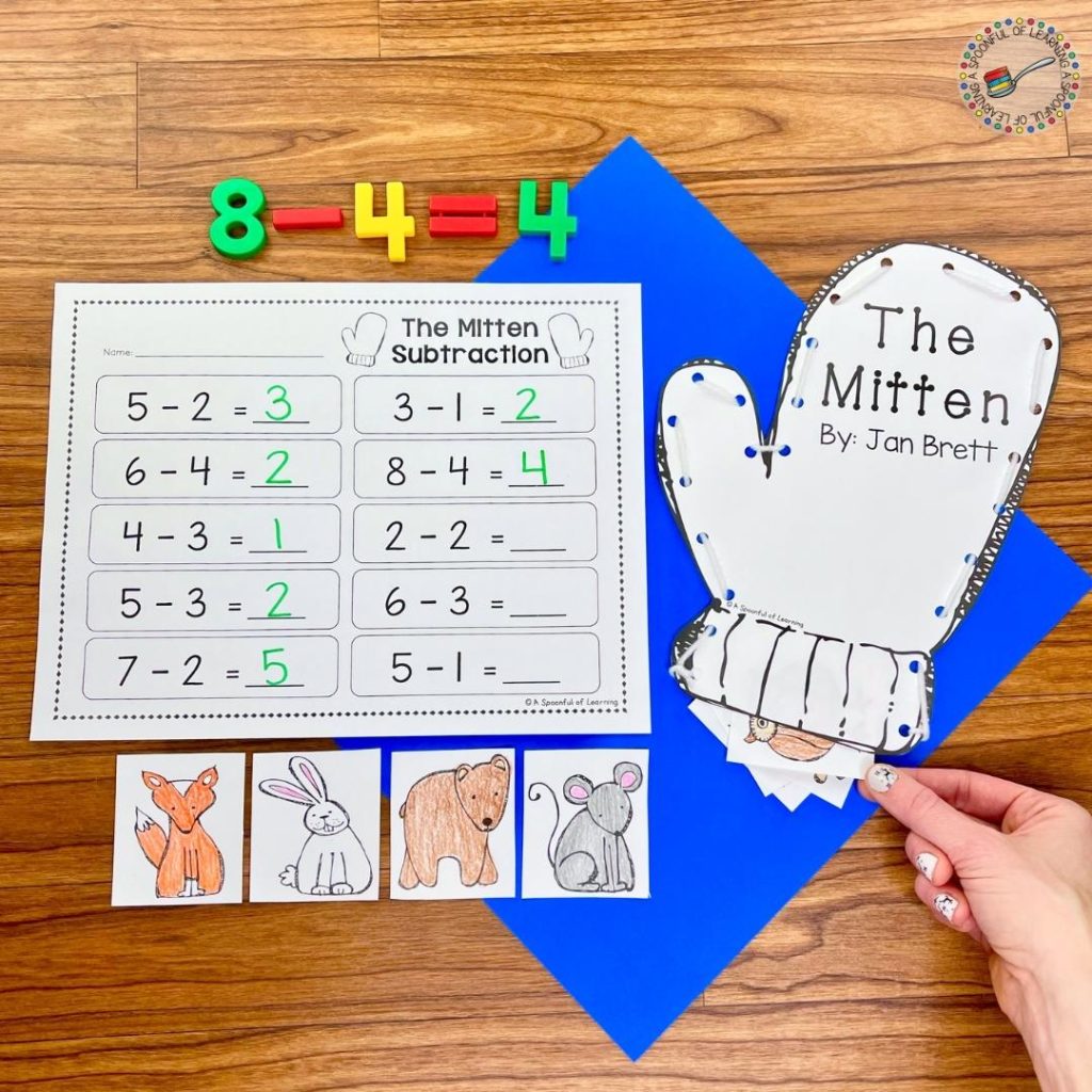 A winter activity example of a hands-on subtraction activity where students solve subtraction equations by placing the correct number of animals in the mitten to go with the subtraction equation. The answer is determined by acting out these subtraction equations.