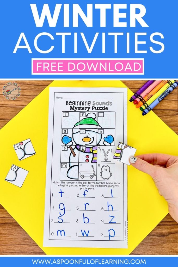 A beginning sound mystery puzzle where students match letters to pictures with the same beginning sound. When all of the letters match to the correct pictures a mystery picture is revealed. A snowman is revealed in this example. An interactive winter activity for kindergarten.