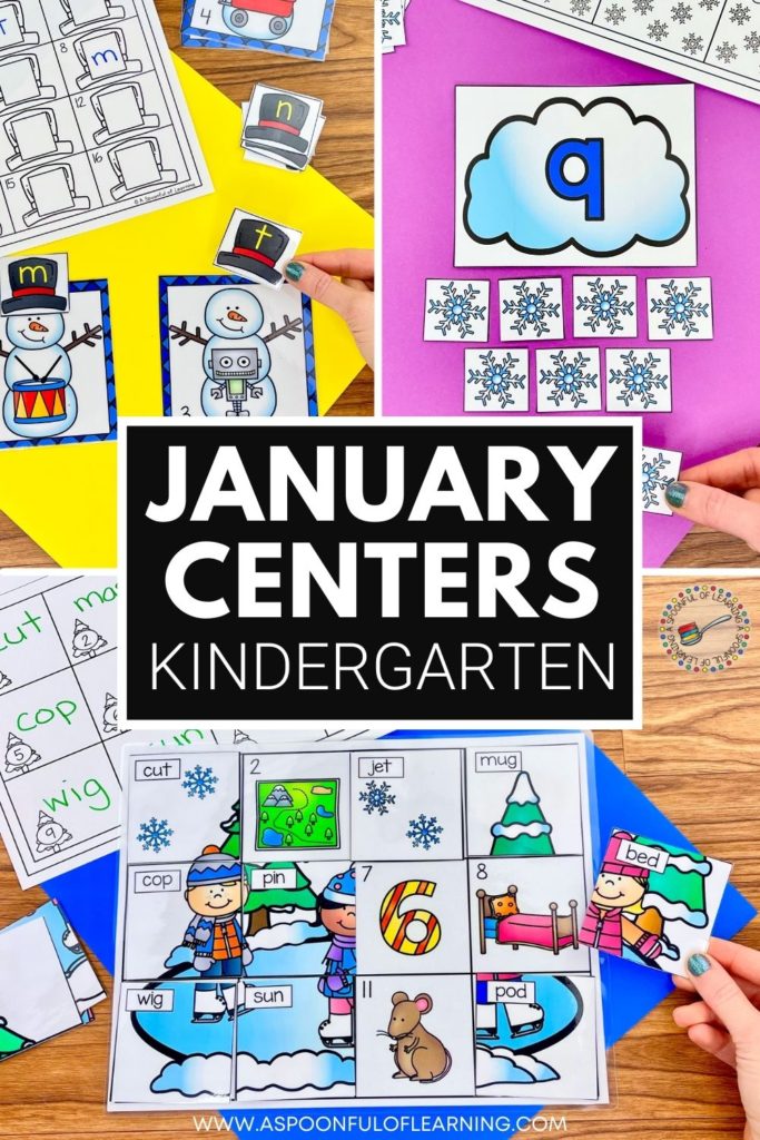 A preview image on kindergarten centers for January. Three of the center activities are shown being used.