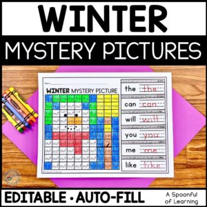 an example of a completed mystery picture. Students practiced writing the sight word and using the color code to color the sight words in the boxes. A mystery pictured is revealed and it is a snowman.