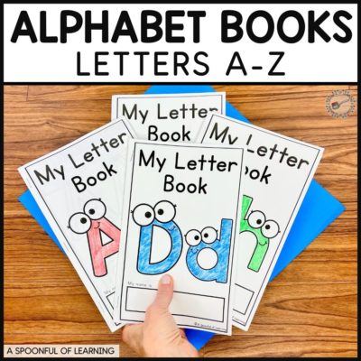 The cover of different alphabet books. An example of the letter d book, the letter h book, and the letter a book.