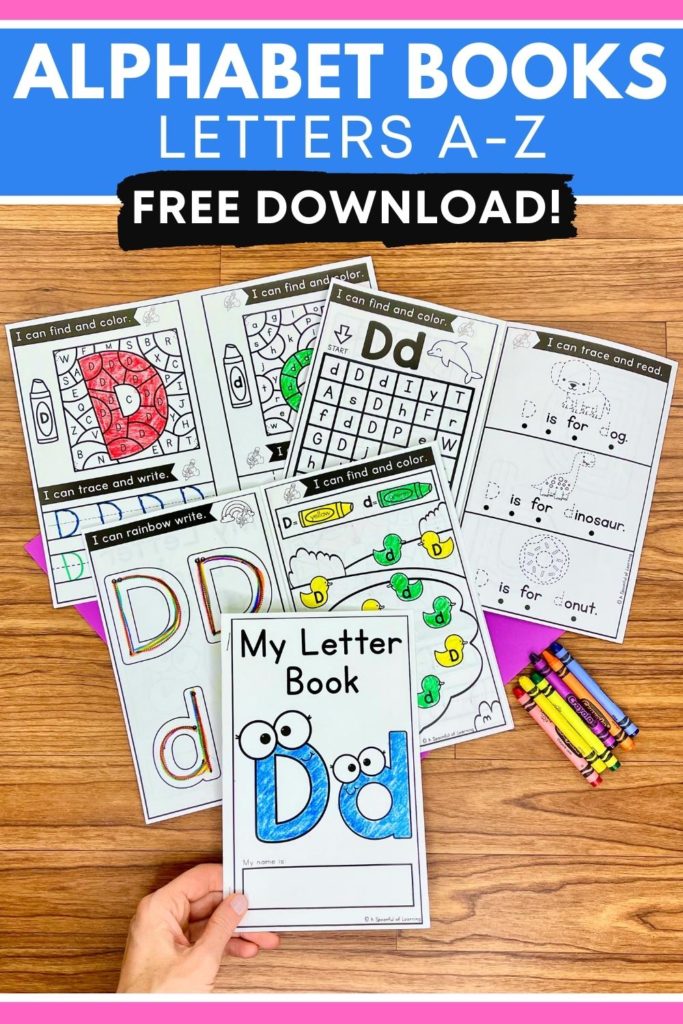 An example of a letter d book that includes a variety of hands-on activities to practice the letter. Students practice letter recognition, letter identification, rainbow writing, tracing, letter formation, alphabet sentences, beginning sounds, problem solving, and more.