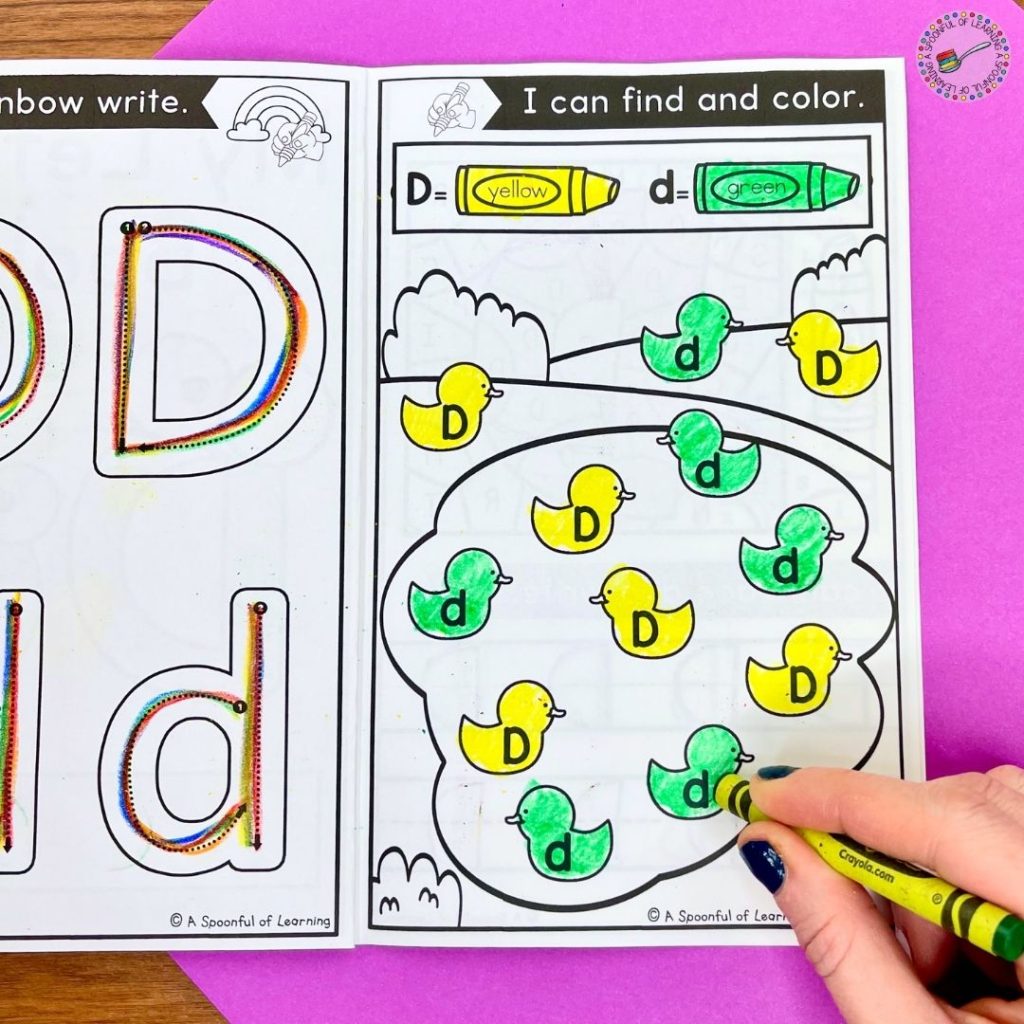 Students search and color the uppercase letter d and the lowercase letter d. They use the color code to determine what to color the ducks in this letter d book.