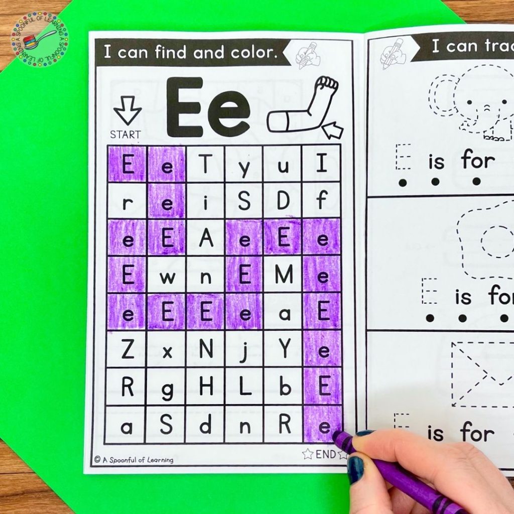 Students search and color the uppercase and lowercase e. In the end they will make a letter path from the start to finish in this letter e book.