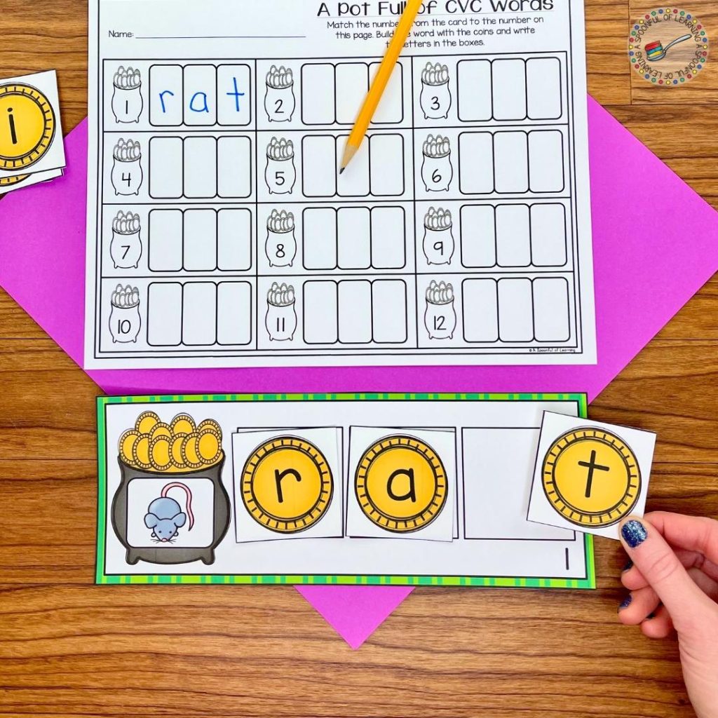 This hands-on centers activity for March has a student building the CVC word rat using letters on golden coins to match the picture on the pot of gold.
