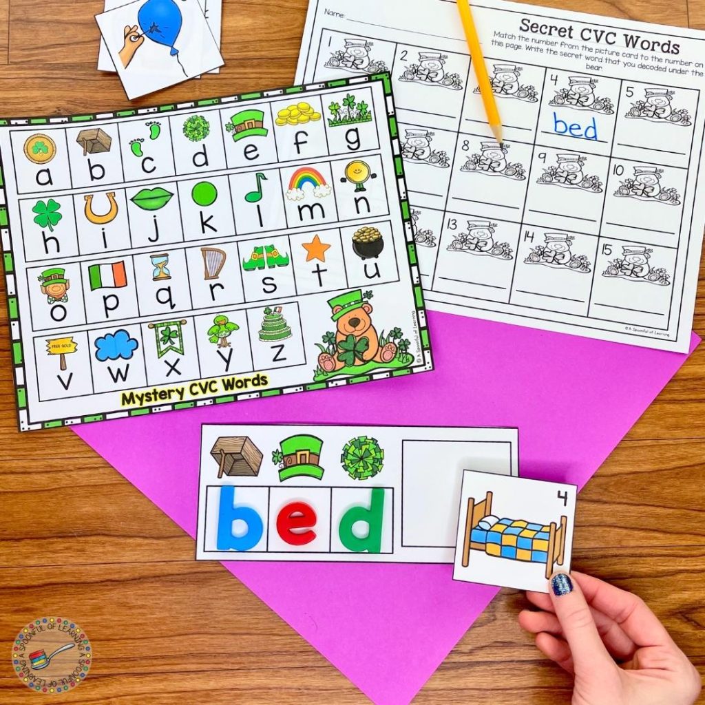An example of a literacy center in these kindergarten centers for March where a code is used to build a CVC word. The word bed was built. The student found the picture of a bed and placed it next to the word.