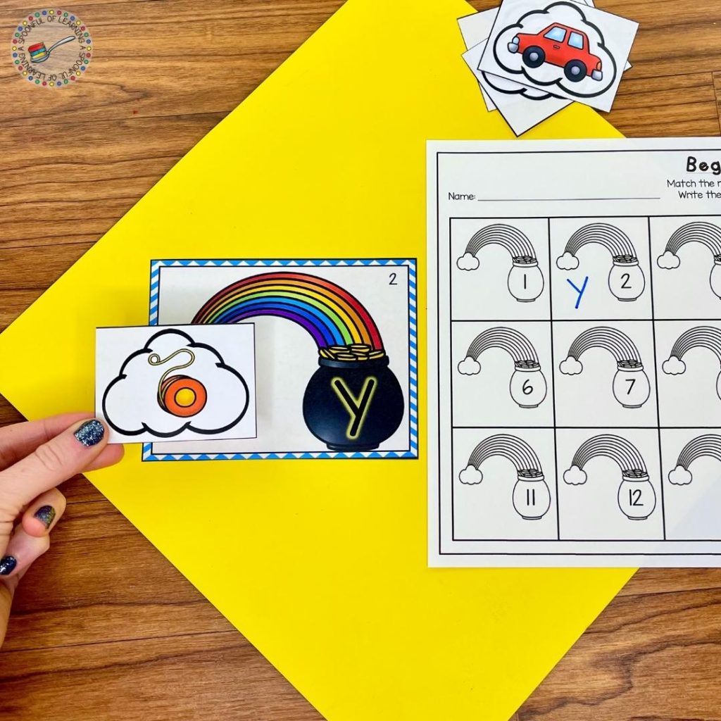 This literacy center activity has students matching the picture on the cloud to the end of the rainbow that has the correct beginning sound letter.