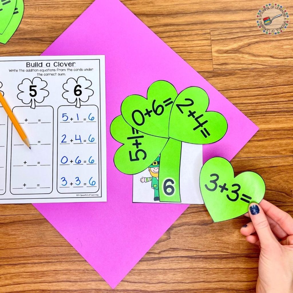 A hands-on math center where students sort addition equations on hearts by their sums. This student sorted addition equation with the sum of 6. Once the equations were sorted, they turned the hearts into a 4 leaf clover.