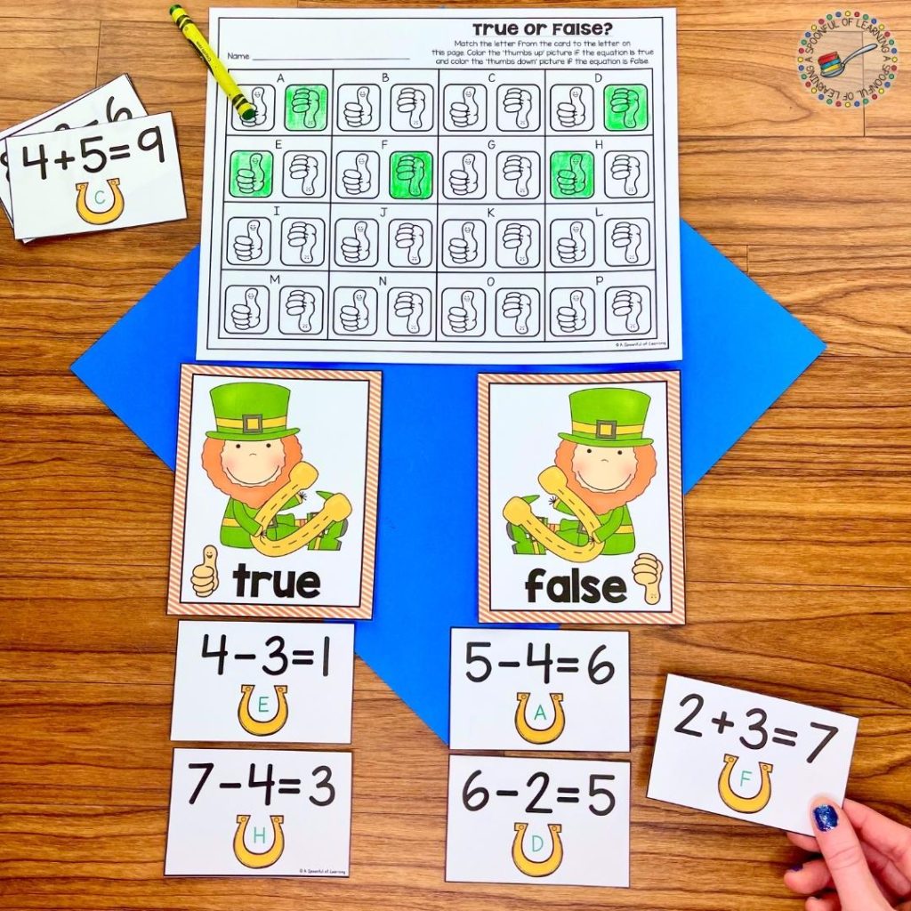 Another math activity in these kindergarten centers for March combines both addition and subtraction. The student is solving the addition and subtraction equations and sorting them by whether the answer on the card is true or false.
