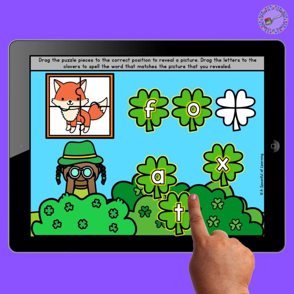 An interactive March digital activity where students build a puzzle on the tablet to reveal a picture. Then, they drag the letters to the white clovers to build the CVC word that goes with the picture.