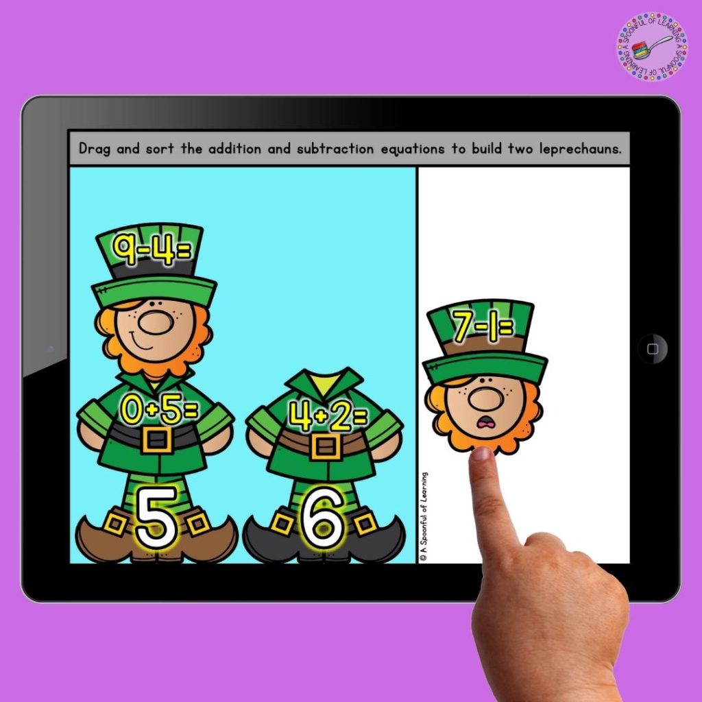 A March math digital activity where students are building a leprechaun. They look at the given answer and drag the different parts of the leprechaun that have the correct addition or subtraction equation.