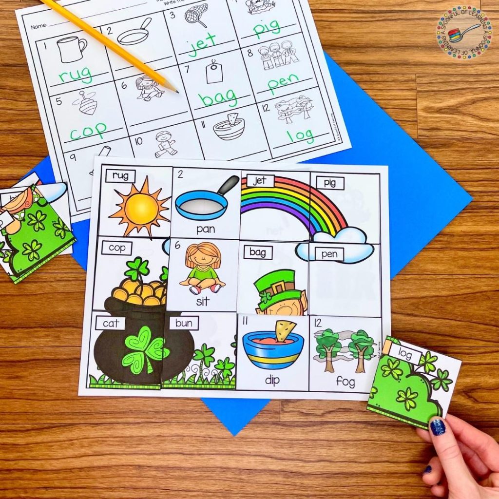 This literacy activity for March focuses on rhyming words. A student is placing puzzles pieces with the correct rhyming word on the correct picture to reveal a mystery image.